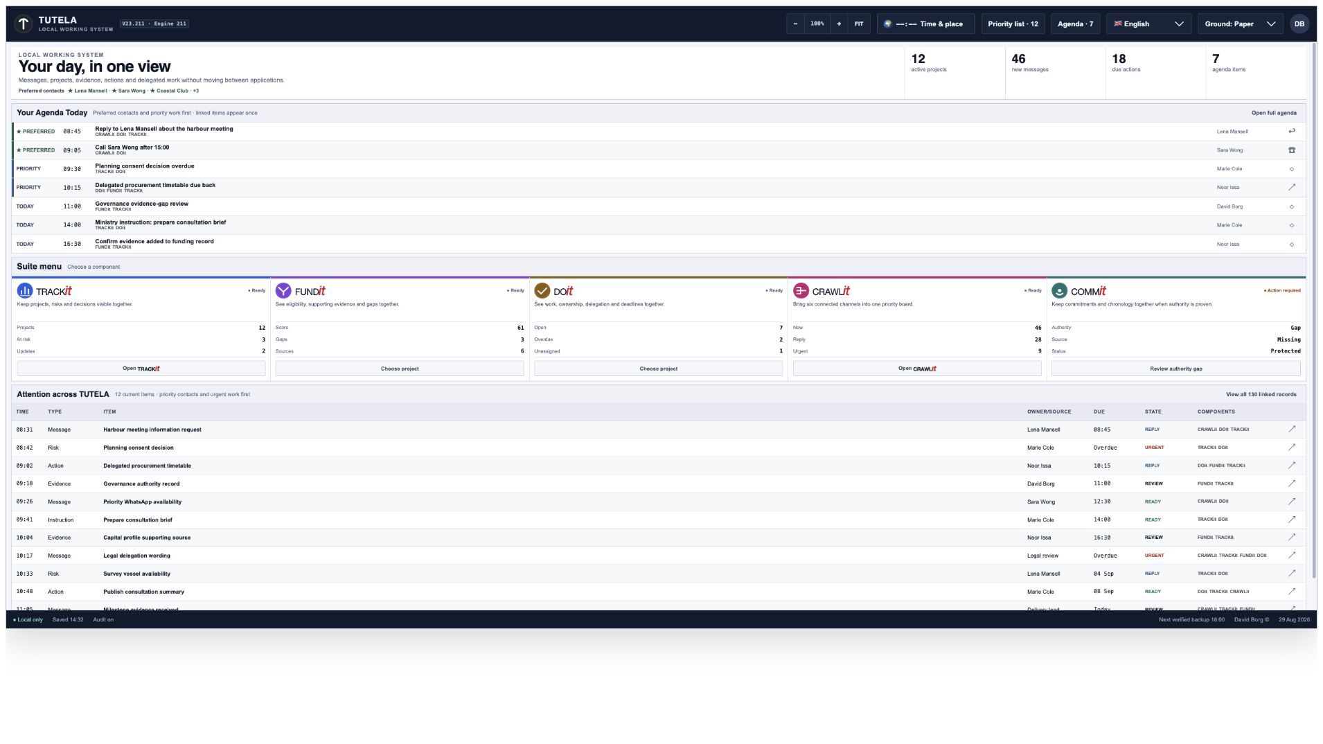 Engine 211 dashboard populated with demonstration projects, messages, actions and agenda items