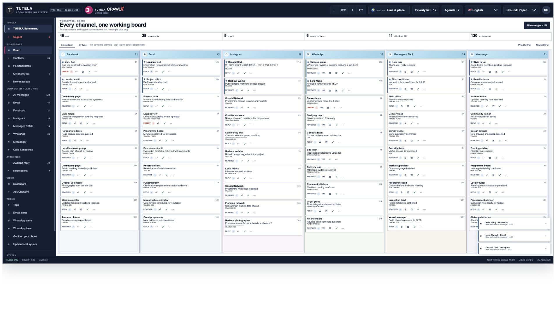 Actual CRAWLit six-column board with demonstration messages